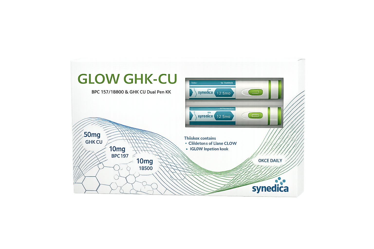 Caixa Glow GHK-Cu da Synedica com duas canetas aplicadoras