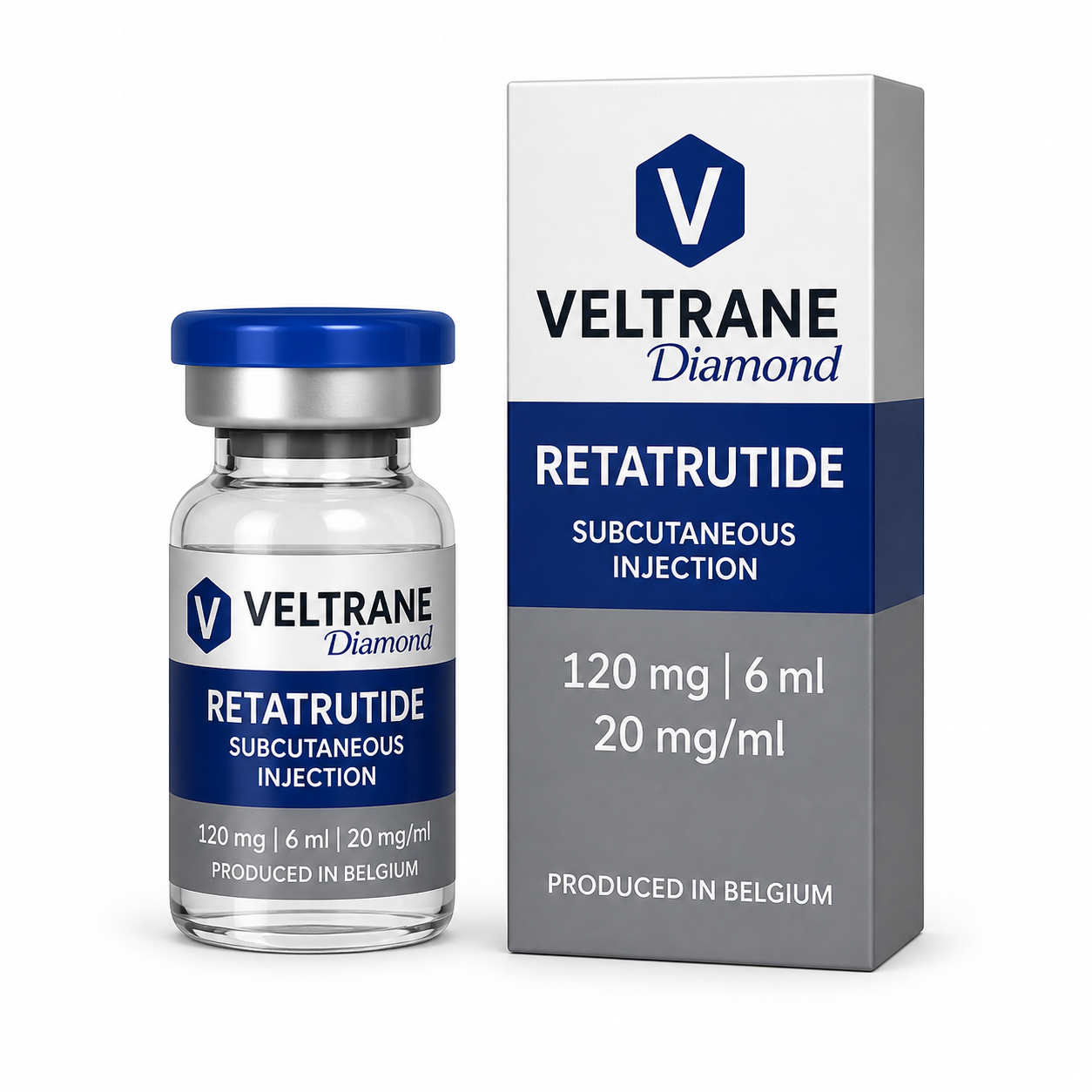 Frasco e caixa Veltrane Diamond Retatrutide 120 mg / 6 mL