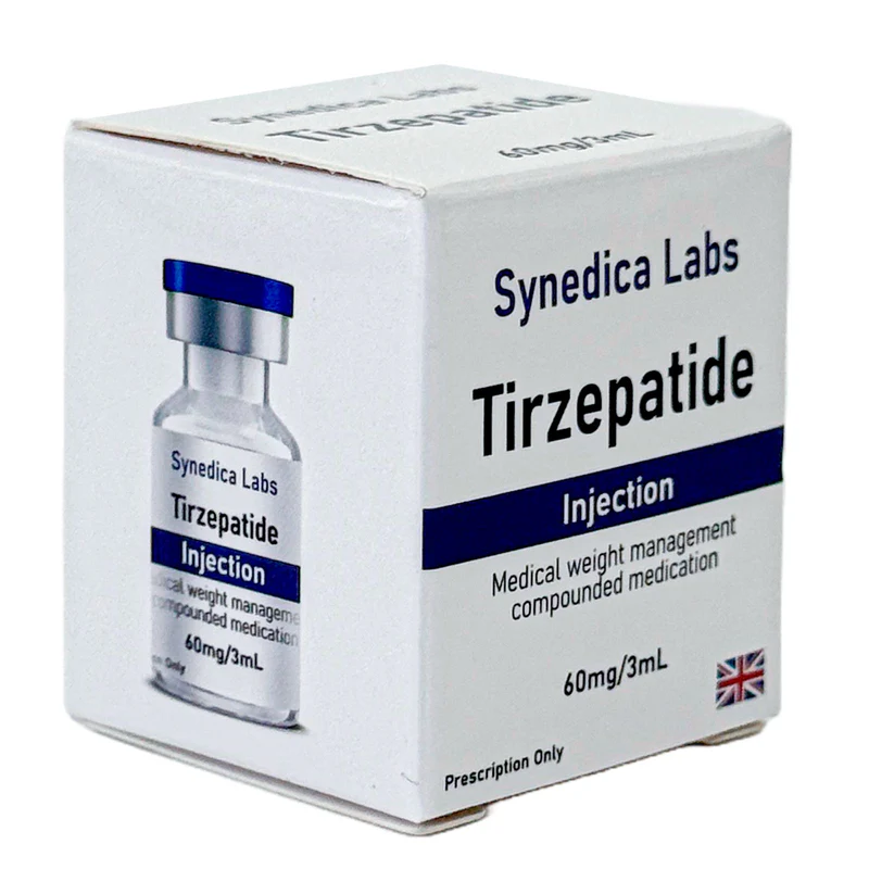 Caixa branca de tirzepatida injetável 60 mg com frasco
